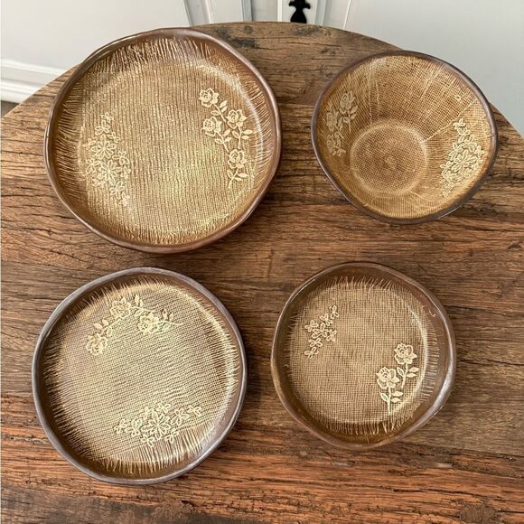 Handcrafted Brown Pottery Set 4 Piece Set - Picture 1 of 10